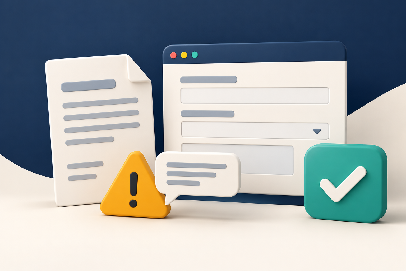 A document beside a blank browser form, with an amber warning and a teal confirmation checkmark