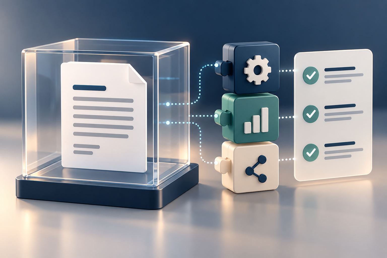 A PDF document is isolated inside a transparent protective cube while modular plugins connect to a compatibility checklist