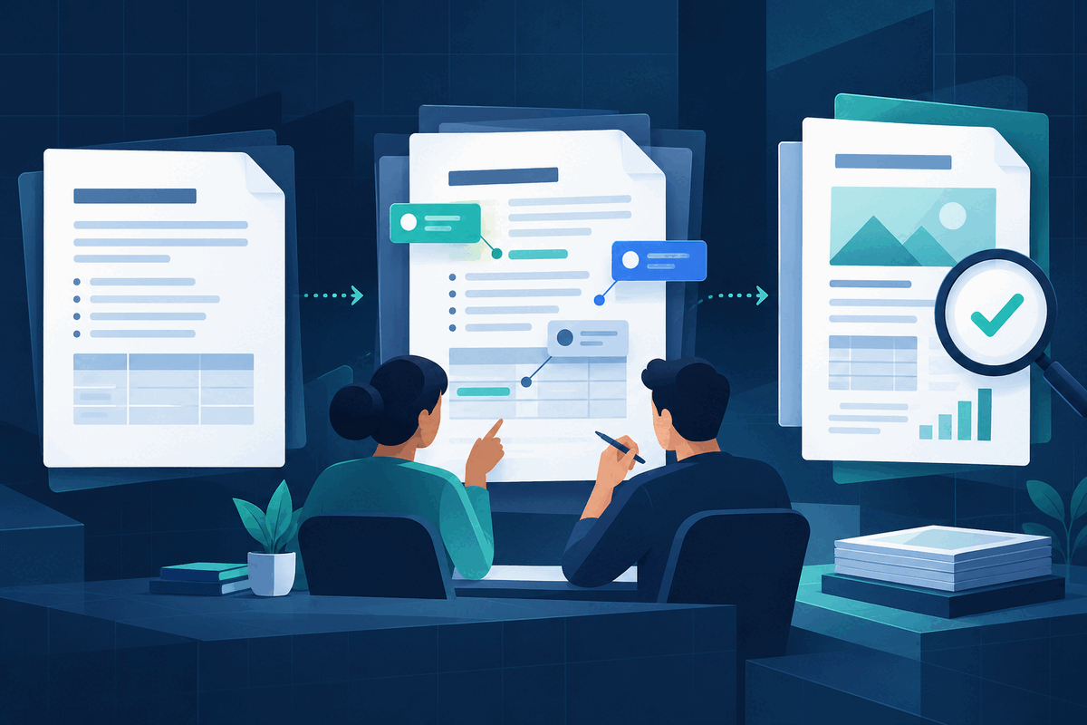 A structured text document moves through collaborative review before becoming an inspected final PDF