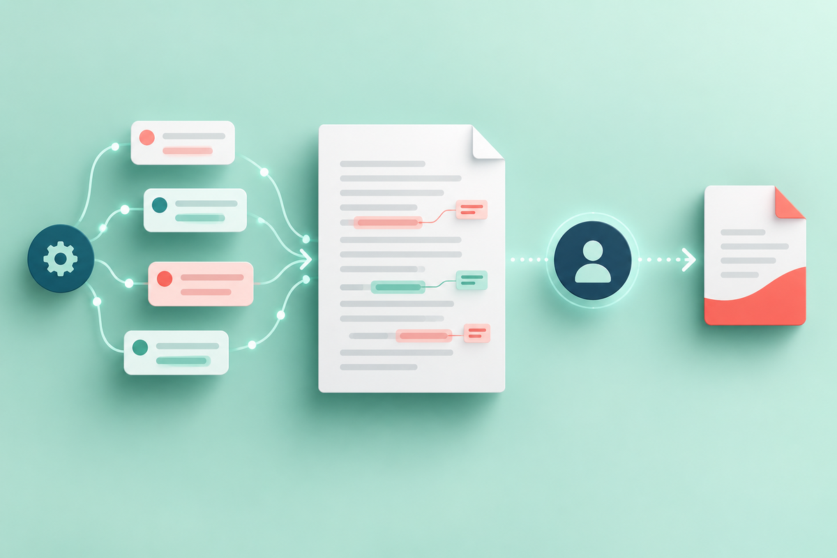 An automated document workflow proposes comments and edits before a human review and final PDF handoff