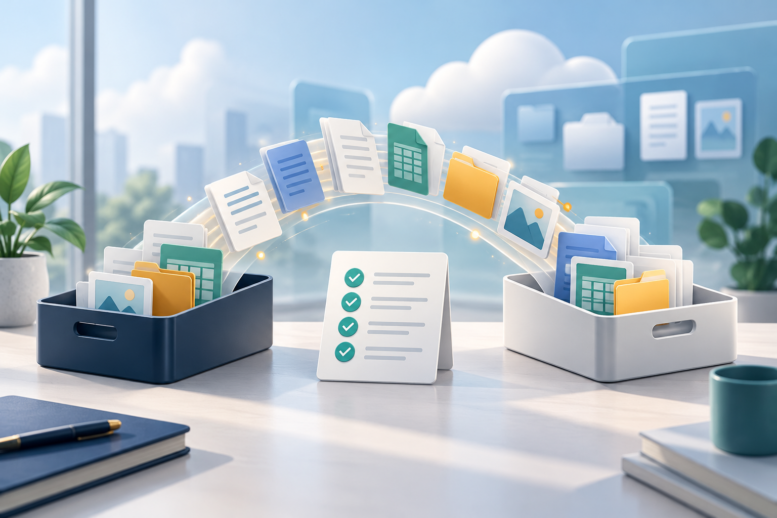 A well-organised flow of documents moving between two neutral file trays with a review checklist