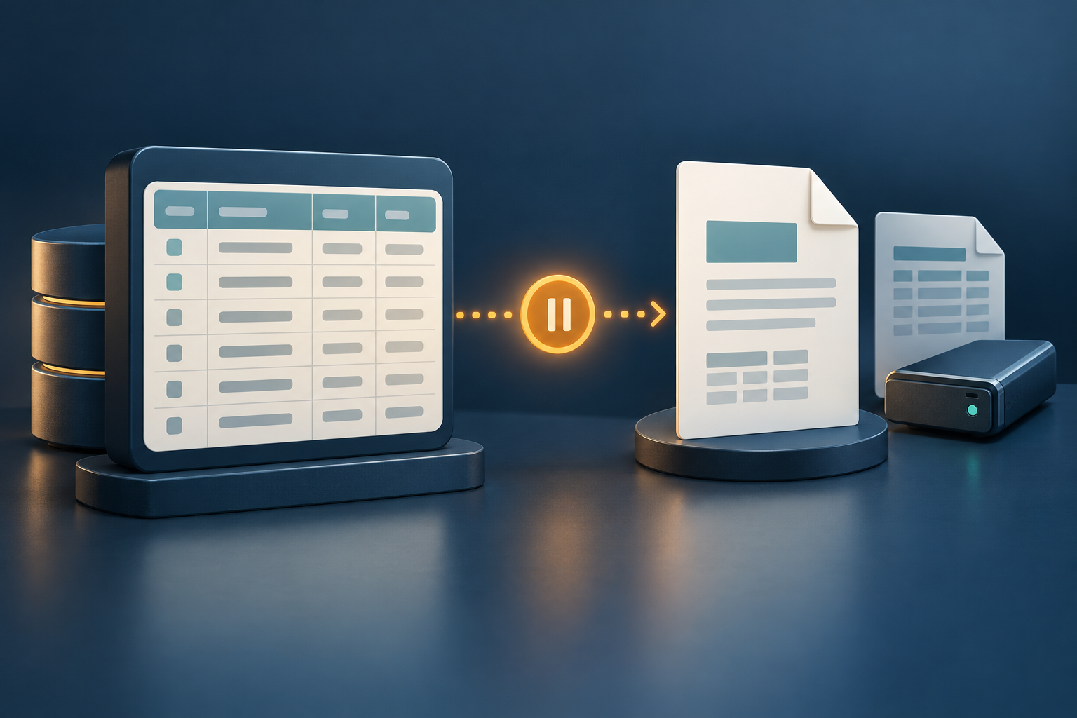 A structured database report pauses on its way to a PDF while the source and storage remain safely preserved