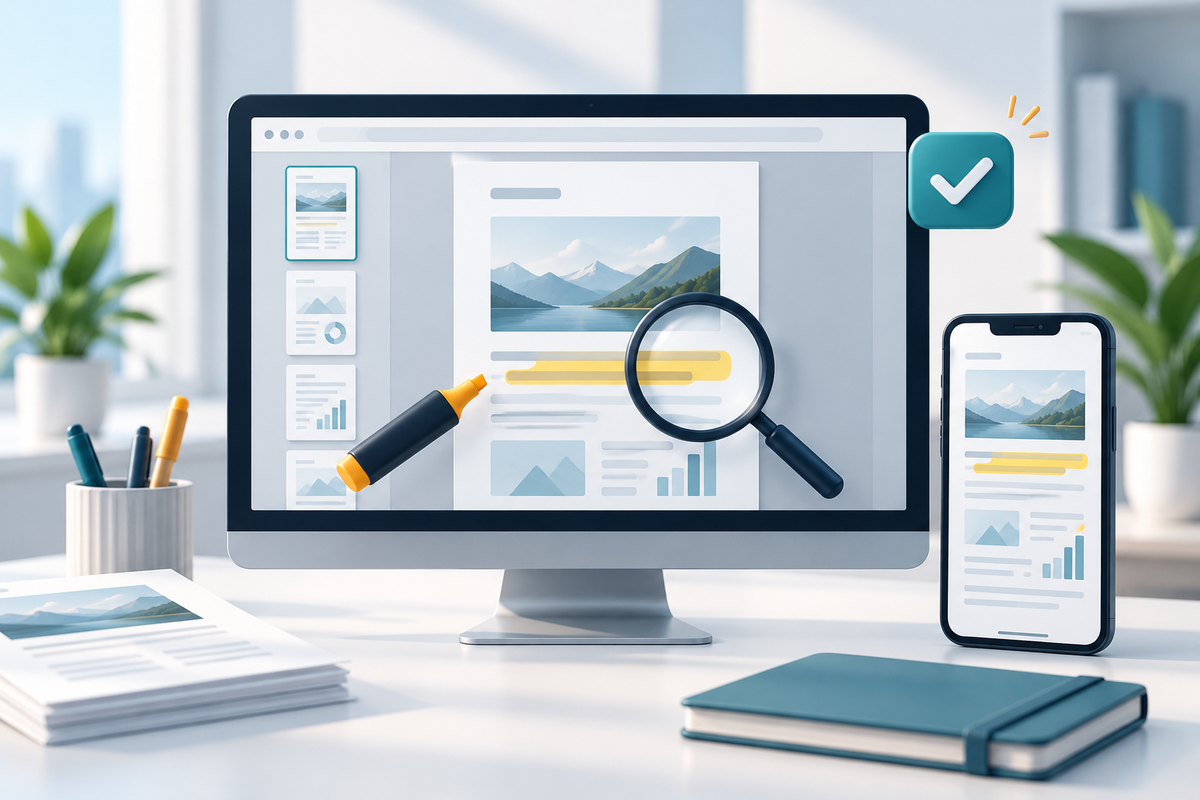 A browser PDF, page thumbnails and a mobile preview being checked with a magnifying glass