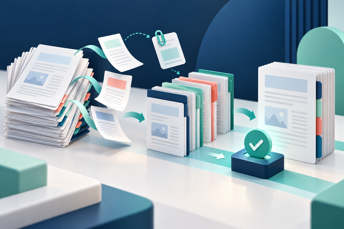 A document workflow reorganizes PDF sections before a person verifies the final file